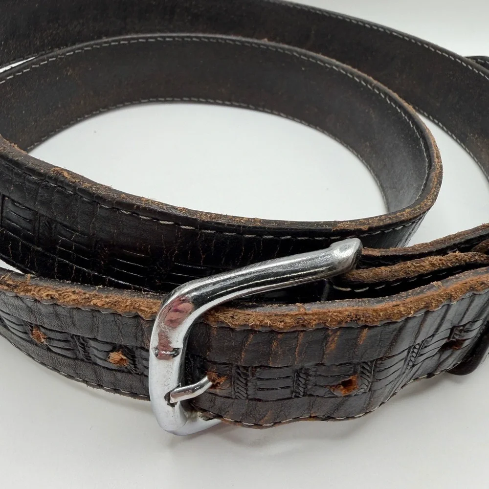 Vintage Black Leather Embossed Belt Size 50 Distressed White Stitch Workwear